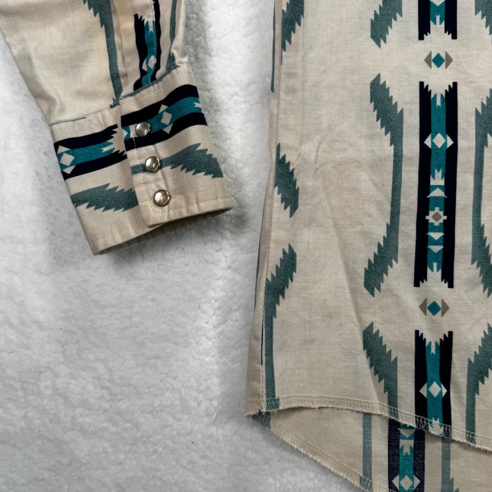Wrangler Mens Aztec Western Snap Shirt Small Teal Tan Geometric Long Sleeve - Picture 9 of 12